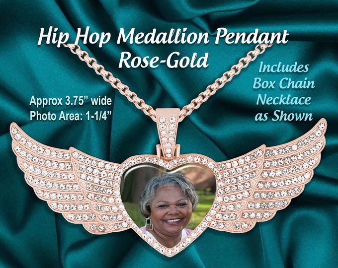 Custom Photo Hip Hop Medallion Necklace, Heart Angel Wings, YOUR Favorite Picture Personalized, Memory Keepsake Jewelry