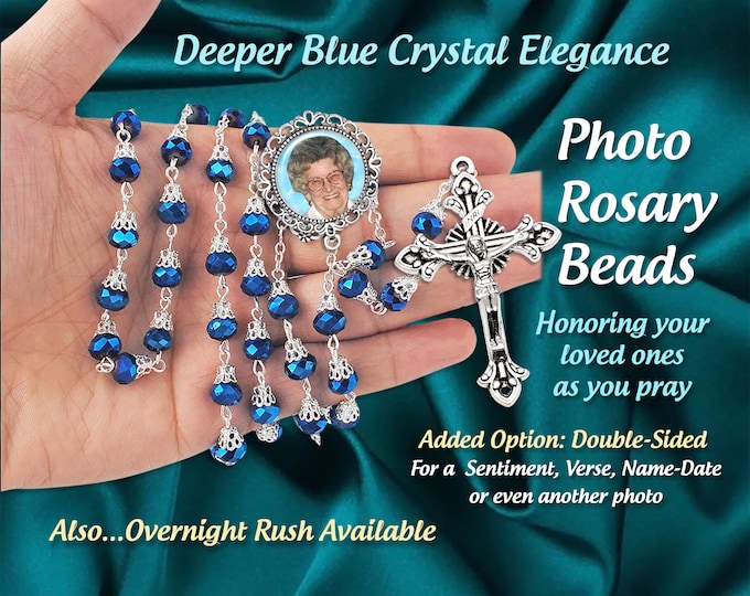 Handmade Catholic Deep Blue Crystal Picture Rosary Beads - In Memory of Rosaries Custom & Personalized with Your Photo, Sympathy Gift