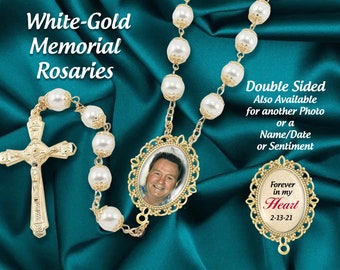 Memorial WHITE-GOLD Catholic Rosary Beads, Custom with Your Photo, Forever In My Heart, In Memory of Sympathy Funeral Prayer Beads