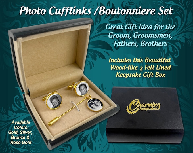 Personalized Photo Cufflink Set with Matching Boutonniere Pin for Weddings, Proms,  Special Occasions - Groom's Gift, Father of the Bride