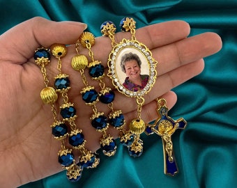 Blue Gold Capped Crystal Rosary Beads for Wedding, Communion, Confirmation, Quinceañera, Memorial Celebration of Life or Sympathy Gift