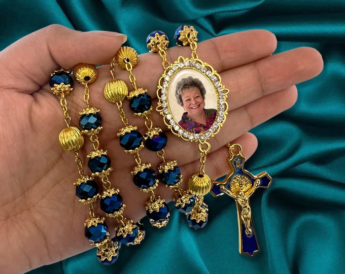 Blue Gold Capped Crystal Rosary Beads for Wedding, Communion, Confirmation, Quinceañera, Memorial Celebration of Life or Sympathy Gift