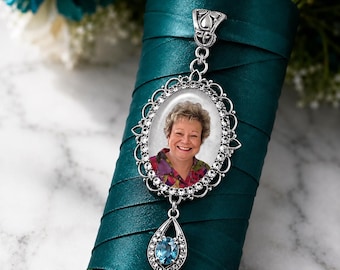 Bridal Bouquet Custom Photo Charm – Something Blue Wedding Keepsake with Rhinestones