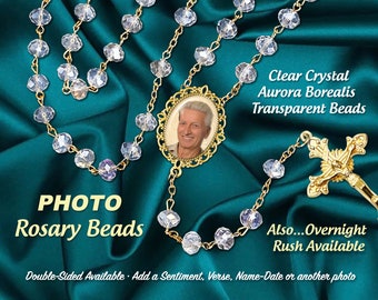 Clear Crystal Photo Rosary with Gold Trim, Your Picture Customized for Wedding Rosary, Any Sacraments, In Memory of &  Celebration of Life