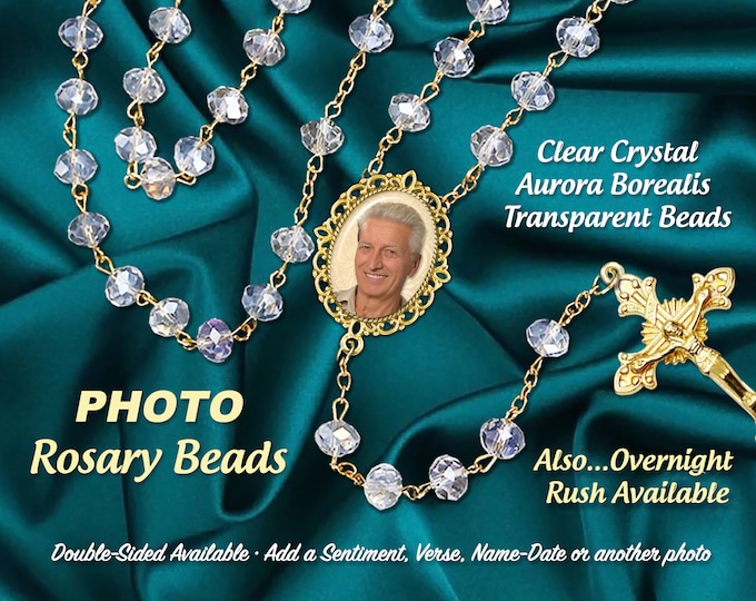 Clear Crystal Photo Rosary with Gold Trim, Your Picture Customized for Wedding Rosary, Any Sacraments, In Memory of &  Celebration of Life
