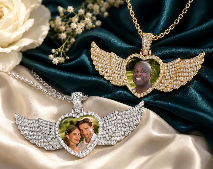 Personalized Memorial Photo Heart Pendant with Rhinestones | Angel Wing Medallion | Sympathy or Keepsake Gift