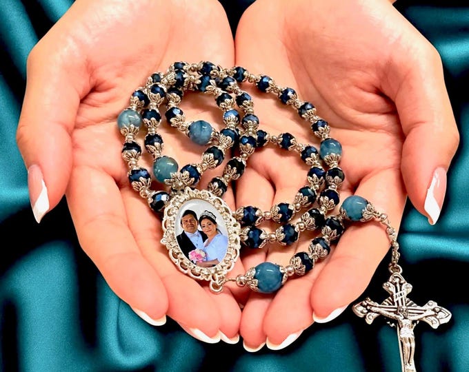 Custom Radiant Blue Rosary - Crystal Catholic Rosary Beads with Rhinestone Photo Charm - Memorial Jewelry