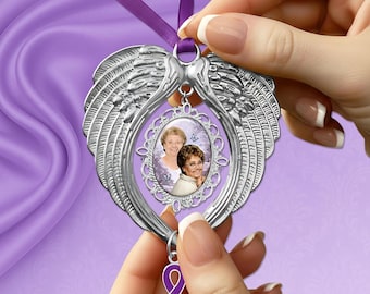 Adorno personalizado con foto de ala de ángel plateada – Regalo conmemorativo para expresar condolencias, celebrar la vida o rendir homenaje a una persona con Alzheimer