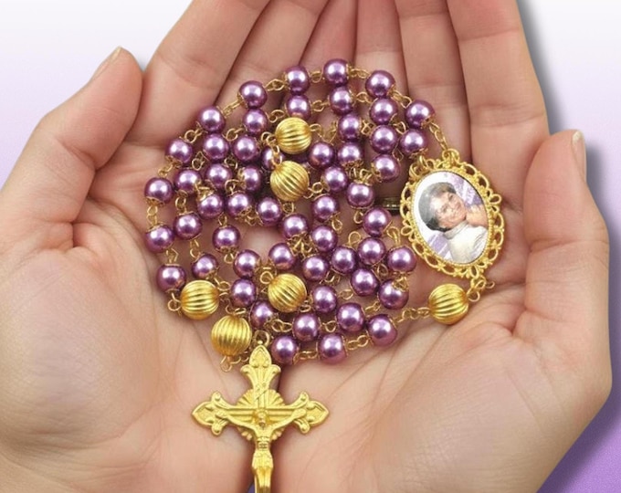 Custom Photo Rosary– Purple Beads & Gold Trim – Memorial or Wedding Gift, Celebration of Life or Alzheimer’s Tribute