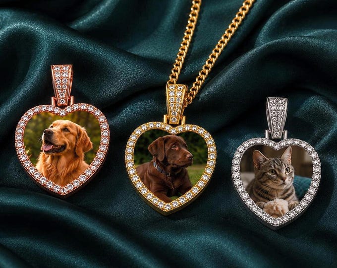 PET LOVER GIFT, Custom Rhinestone Heart Shaped Photo Medallion Pendant Necklace, Iced Out