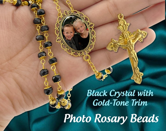Custom Black Crystal Photo Rosary Beads with Gold Trim, Gift for Sacraments, Birthdays, Memorial Rosaries, Celebration of Life, Rosario
