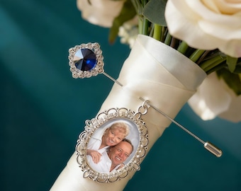 Something Blue Stick Pin with Custom Photo Charm - Bridal Memorial Keepsake Memory Brooch