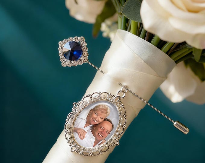 Something Blue Stick Pin with Custom Photo Charm - Bridal Memorial Keepsake Memory Brooch