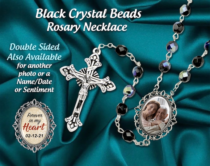 BLACK, Personalized Photo Rosary Beads Necklace, Custom Made with Your Picture, Memorial Remembrance, Catholic Prayer Beads