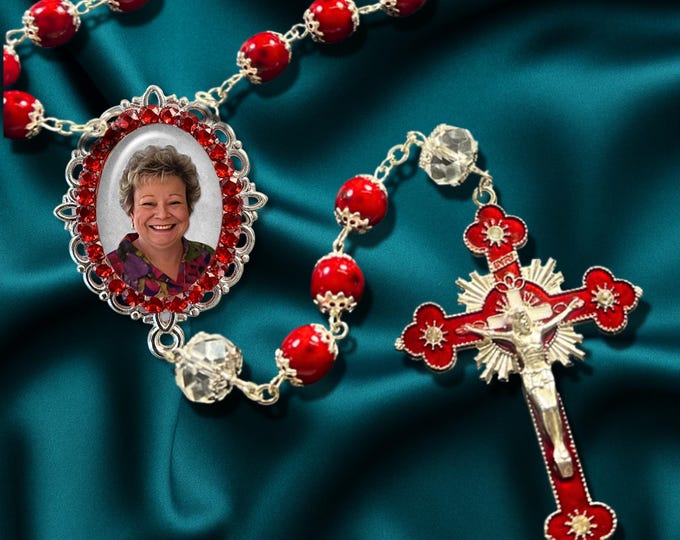 Custom Photo Rosary Beads – Red Stone Silver capped for Wedding, Baptism, Confirmation, Quinceañera, Celebration of Life Gift