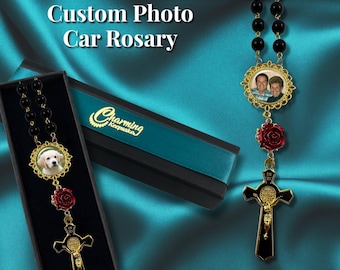 Custom Photo Car Rosary – Personalized Memorial Rosary, Rearview Mirror Rosary, Sympathy Gift, Catholic Gift, One Decade Travel Rosary