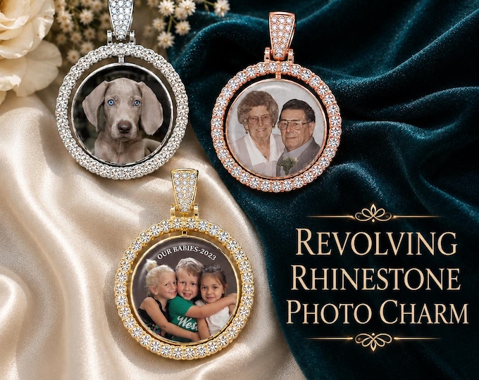 Double Sided Custom Photo Rhinestone Charm, Rotating, Picture & Sentiment, In Memory Of Loved Ones Keepsake Jewelry or Bride Bouquet Charm