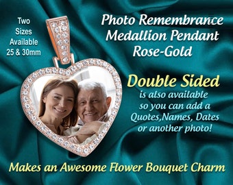 Bridal Bouquet Photo Charm Medallion with Your Favorite Picture, Custom Larger Heart Shaped Photo (30mm) Necklace,  Amazing for Gift Giving