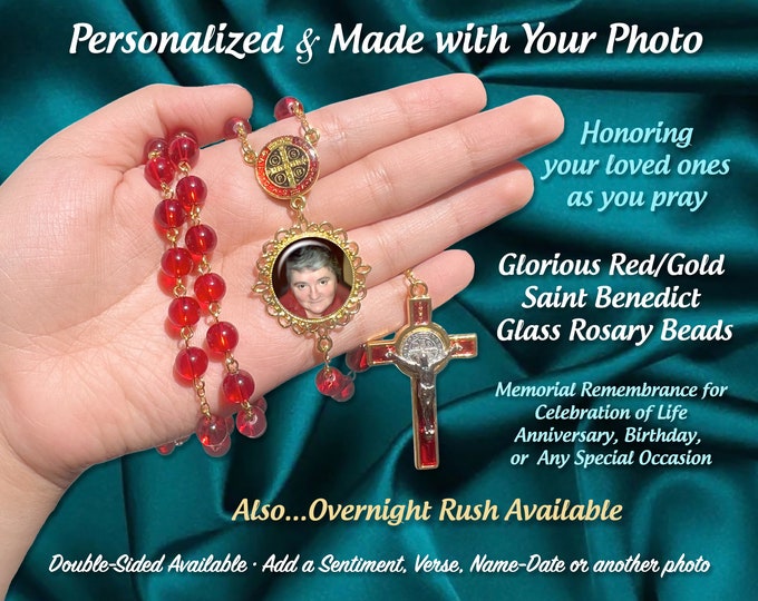 Red St. Benedict Photo Rosary, Personalized with Your Picture for Birthdays, Anniversaries, Memorial Sympathy Celebration of Life