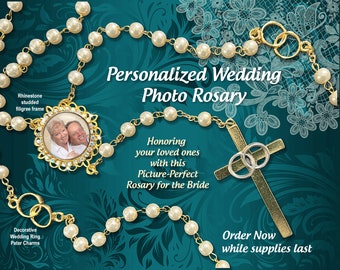 Elegant Wedding or Anniversary Photo Rosary Glass Pearl Beads Gold Cross with Rings for Bride and Groom Keepsake Gift - Made in Italy
