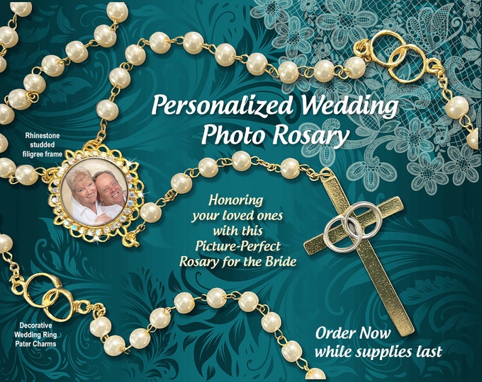 Elegant Wedding or Anniversary Photo Rosary Glass Pearl Beads Gold Cross with Rings for Bride and Groom Keepsake Gift - Made in Italy