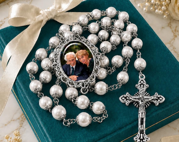 Personalized Photo Rosary Beads, Elegant WHITE -Silver Crowns,  for Weddings, Quinceañeras, Sacraments, Memorials, 2- Sided