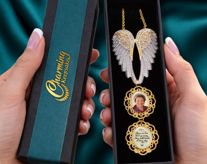 Rhinestone Guardian Angel Wings with Custom Photo Charms for Bridal Wedding Bouquet or Gift