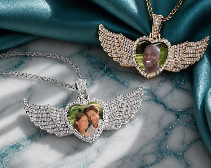 Personalized Memorial Photo Heart Pendant with Rhinestones | Angel Wing Medallion | Sympathy or Keepsake Gift
