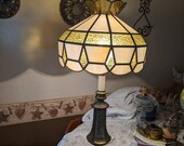 Vintage brass table lamp with olive green and opal glass slag shade