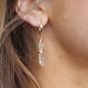 Crystal Quartz Huggie Hoop Earrings, Clear Quartz Ear Huggies, Gold Fill Huggie Hoop Charm Earrings, Crystal Earrings, Waterproof Earrings