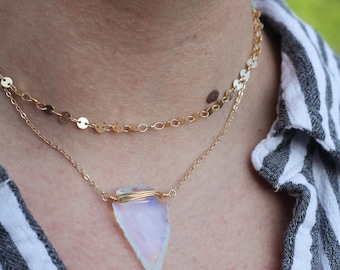 Opalite Arrowhead Disc Chain Layering Necklace, Minimalist Layering Necklace, Every Day Necklace Waterproof, Gold Fill Layering Necklace