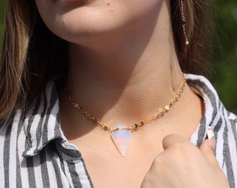 Opalite Crystal Necklace Disc Chain 14k Gold Fill Waterproof Necklace Hypoallergenic Gold Fill Layering Necklace Statement Necklace Gift