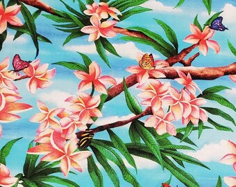 Yellow Tropical Floral Hawaiian Fabric – Monstera & Plumeria – Polycotton
