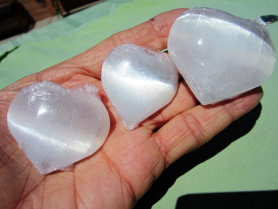 SELENITE HEART  Palm Stone Pocket Touch Worry Small Polished Lot of (3) Morocco 123g