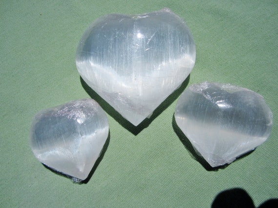 SELENITE HEART  Palm Stone Pocket Touch Worry Small Polished Lot of (3) Morocco 143g