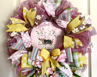 Pink Easter rabbit wreath, cottontail farm, cute bunny sign wreath