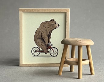 Miniature Framed Artwork, Bear on a Bicycle, Dollhouse Wall Art