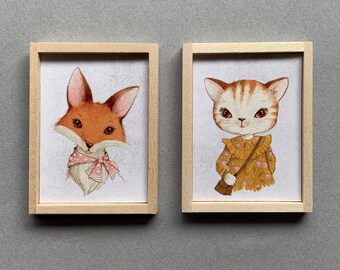 Dollhouse Artwork, Miniature Art, Doll House Animal Framed Prints Set of Two