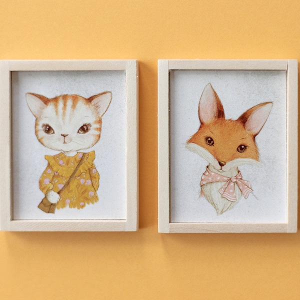 Set of Two Dollhouse Artwork, Miniature Art, Doll House Animal Framed Prints
