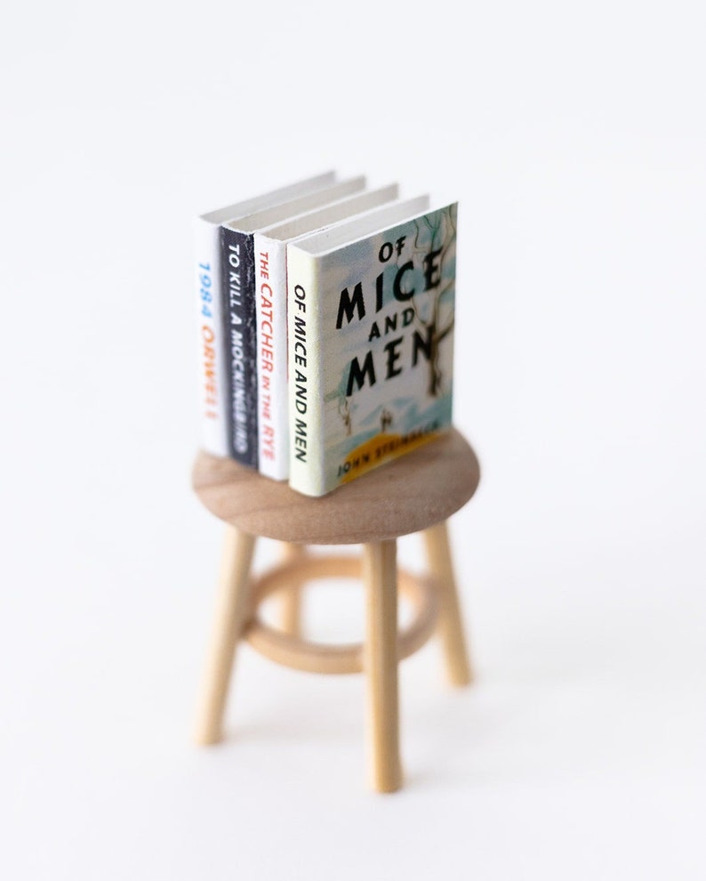 May include: A set of four classic novels, "Of Mice and Men", "The Catcher in the Rye", "To Kill a Mockingbird", and "1984", stacked on a wooden stool.