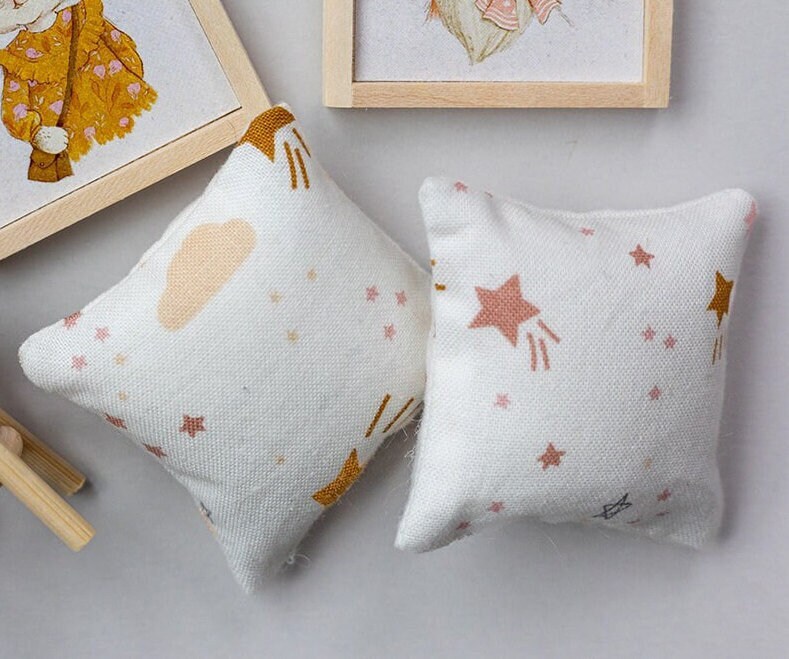 Set of Two Moon & Stars Fluffy Dollhouse Pillows