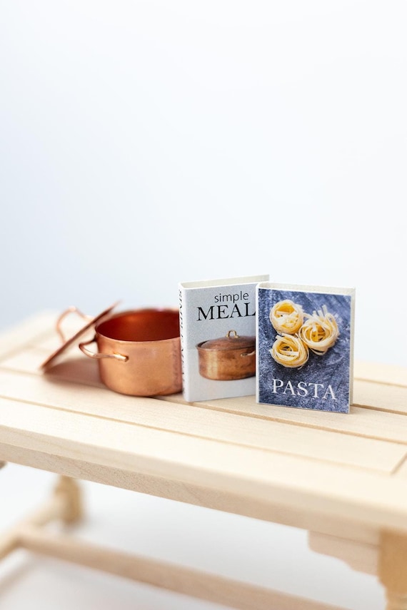 Modern Miniature Cookbooks and Copper Pot Set by MyTinyNestMiniatures