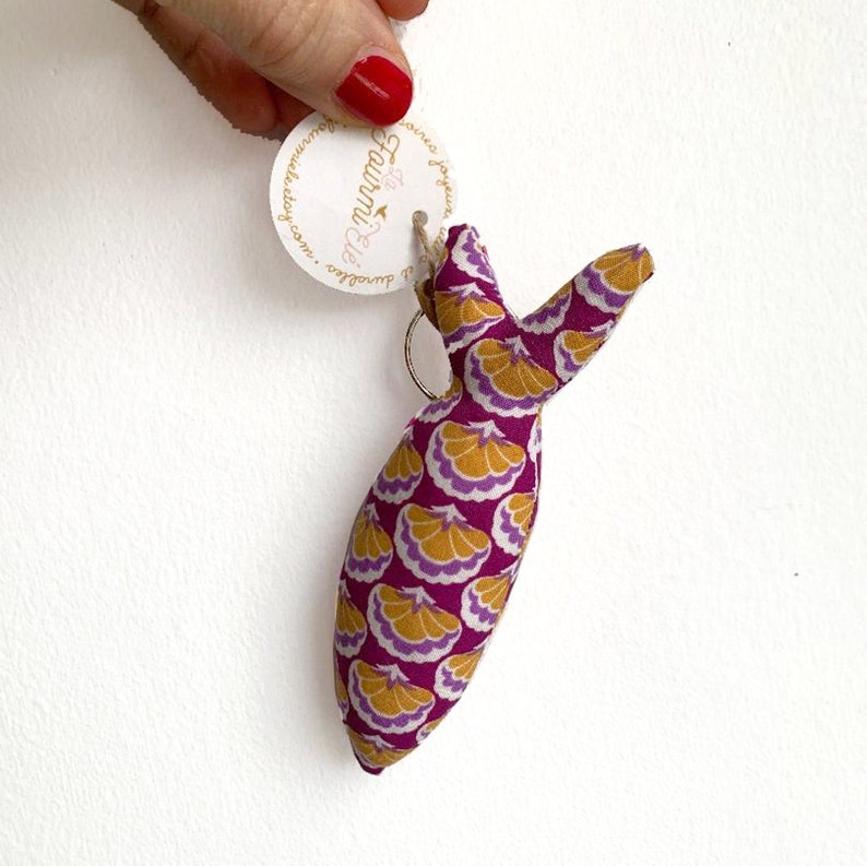 Yellow and white gingham fabric sardine fish keychain rose indien