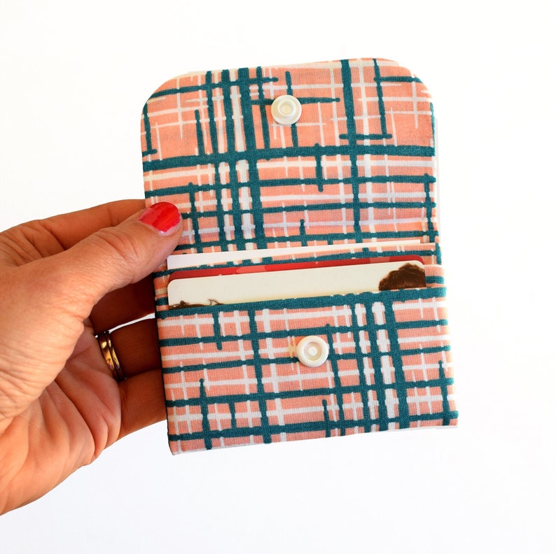 Colorful Fabric Card holder with 3 compartments 4-rose bleu canard