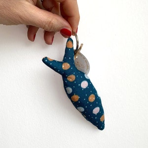 Yellow and white gingham fabric sardine fish keychain Pois bleu canard