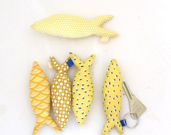 Yellow and white gingham fabric sardine fish keychain