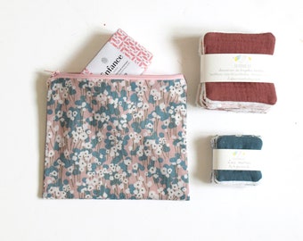 Pigeon blue and pink zipper pouch, flowery