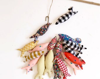 Yellow and white gingham fabric sardine fish keychain