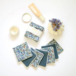 7 blue reusable make up pads, blue liberty flowers