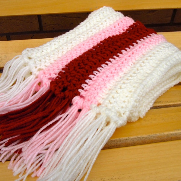 Reserved listing - CROCHET SCARF in White, Pink, and Red Stripes 65" x 9" Winter Accessory